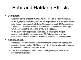 Bohr and Haldane Effects
• Bohr Effect:
– It describes the effect of PCO2 and [H+] ions on the oxy-Hb curve.
– In the syst...