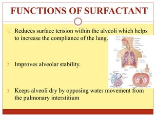 FUNCTIONS OF SURFACTANT
1. Reduces surface tension within the alveoli which helps
to increase the compliance of the lung.
2. Improves alveolar stability.
3. Keeps alveoli dry by opposing water movement from
the pulmonary interstitium
 
