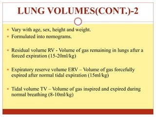 LUNG VOLUMES(CONT.)-2
 Vary with age, sex, height and weight.
 Formulated into nomograms.
 Residual volume RV - Volume of gas remaining in lungs after a
forced expiration (15-20ml/kg)
 Expiratory reserve volume ERV – Volume of gas forcefully
expired after normal tidal expiration (15ml/kg)
 Tidal volume TV – Volume of gas inspired and expired during
normal breathing (8-10ml/kg)
 