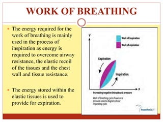 WORK OF BREATHING
 The energy required for the
work of breathing is mainly
used in the process of
inspiration as energy is
required to overcome airway
resistance, the elastic recoil
of the tissues and the chest
wall and tissue resistance.
 The energy stored within the
elastic tissues is used to
provide for expiration.
 