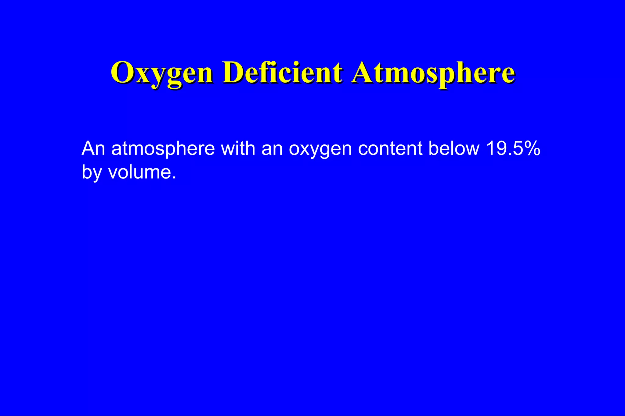 Oxygen Deficient Atmosphere An atmosphere with an oxygen content below 19.5% by volume.  