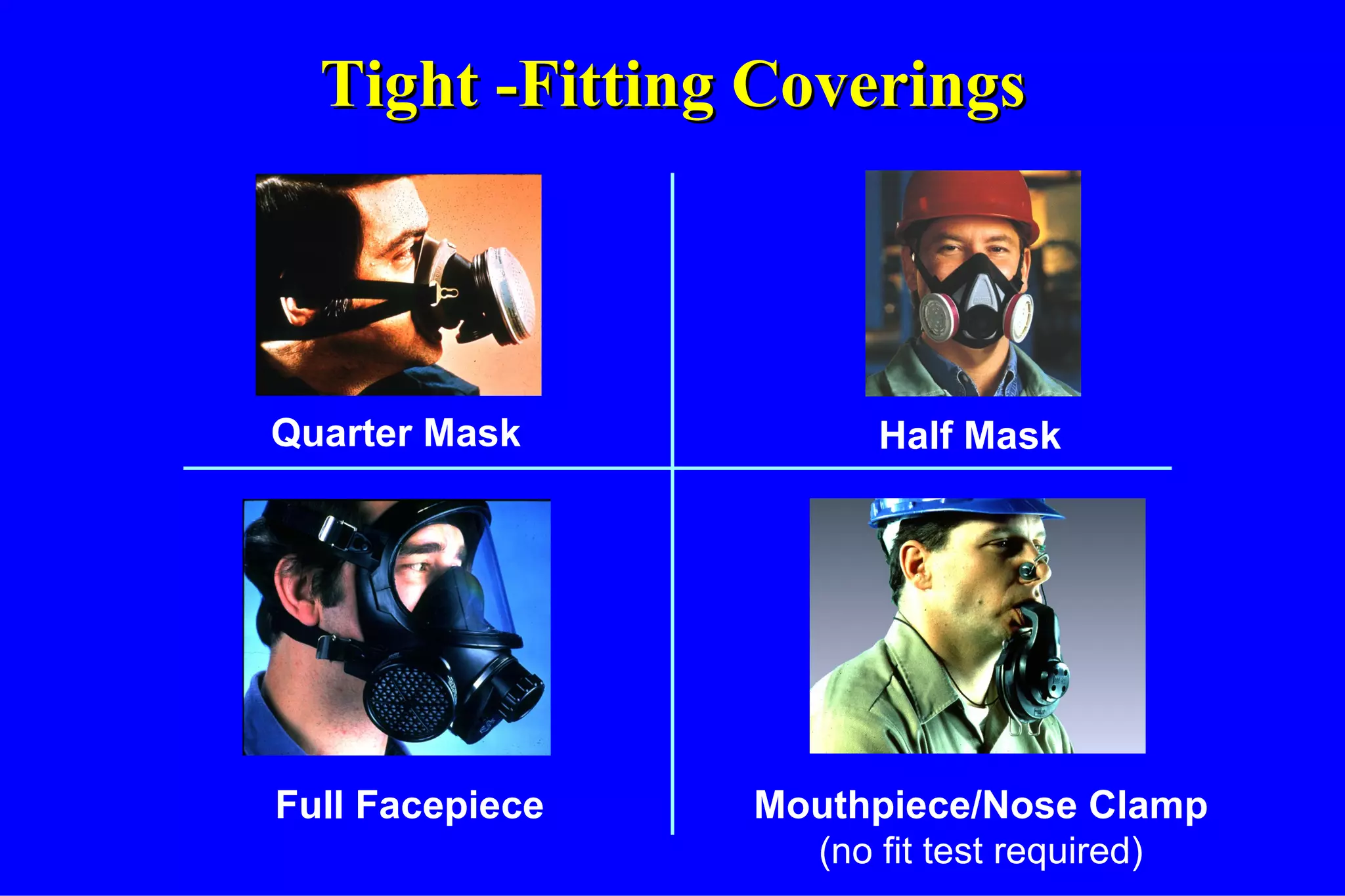 Tight -Fitting Coverings Quarter Mask Half Mask Full Facepiece Mouthpiece/Nose Clamp (no fit test required) 