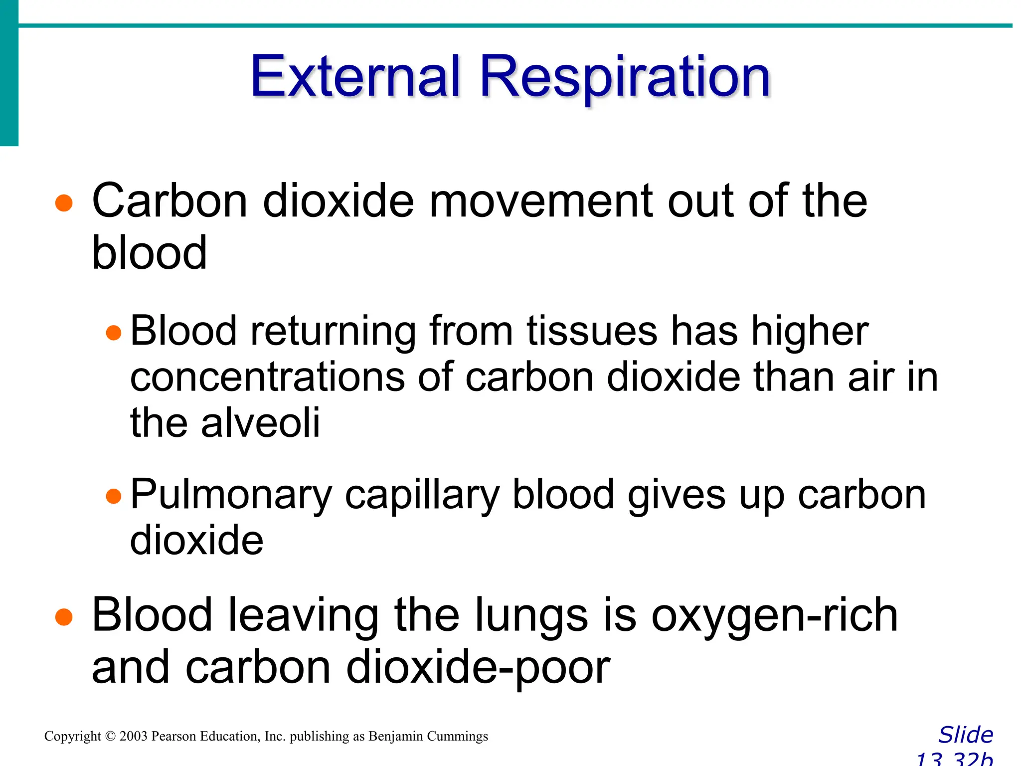 External Respiration
Slide
Copyright © 2003 Pearson Education, Inc. publishing as Benjamin Cummings
 Carbon dioxide movement out of the
blood
Blood returning from tissues has higher
concentrations of carbon dioxide than air in
the alveoli
Pulmonary capillary blood gives up carbon
dioxide
 Blood leaving the lungs is oxygen-rich
and carbon dioxide-poor
 