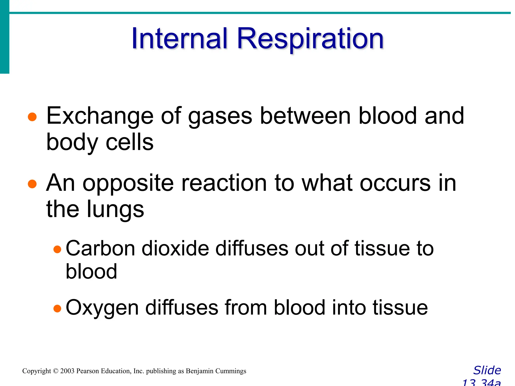 Internal Respiration
Slide
Copyright © 2003 Pearson Education, Inc. publishing as Benjamin Cummings
 Exchange of gases between blood and
body cells
 An opposite reaction to what occurs in
the lungs
Carbon dioxide diffuses out of tissue to
blood
Oxygen diffuses from blood into tissue
 