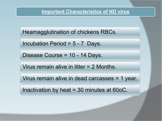 Heamagglutination of chickens RBCs.
Incubation Period = 5 - 7 Days.
Disease Course = 10 - 14 Days.
Virus remain alive in litter = 2 Months.
Virus remain alive in dead carcasses = 1 year.
Inactivation by heat = 30 minutes at 60oC.
Important Characteristics of ND virus
 