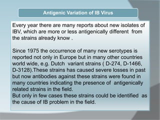 Antigenic Variation of IB Virus
Every year there are many reports about new isolates of
IBV, which are more or less antigenically different from
the strains already know .
Since 1975 the occurrence of many new serotypes is
reported not only in Europe but in many other countries
world wide, e.g. Dutch variant strains ( D-274, D-1466,
D-3128).These strains has caused severe losses in past
but now antibodies against these strains were found in
many countries indicating the presence of antigenically
related strains in the field.
But only in few cases these strains could be identified as
the cause of IB problem in the field.
 