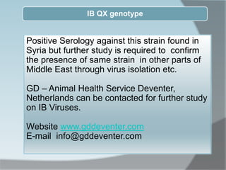 IB QX genotype
Positive Serology against this strain found in
Syria but further study is required to confirm
the presence of same strain in other parts of
Middle East through virus isolation etc.
GD – Animal Health Service Deventer,
Netherlands can be contacted for further study
on IB Viruses.
Website www.gddeventer.com
E-mail info@gddeventer.com
 
