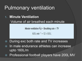 Pulmonary ventilation
1. Minute Ventilation
Volume of air breathed each minute
 During exc both rate and TV increases
 In male endurance athletes can increase
upto 160L/m
 Professional football players have 200L MV
 