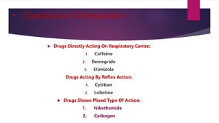 • Classification Of Respiration:
 Drugs Directly Acting On Respiratory Centre:
1. Caffeine
2. Bemegride
3. Etimizole
Drugs Acting By Reflex Action:
1. Cytition
2. Lobeline
 Drugs Shows Mixed Type Of Action:
1. Nikethamide
2. Carbogen
 