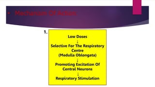 • Mechanism Of Action:
Low Doses
↓
Selective For The Respiratory
Centre
(Medulla Oblongata)
↓
Promoting Excitation Of
Central Neurons
↓
Respiratory Stimulation
1.
 