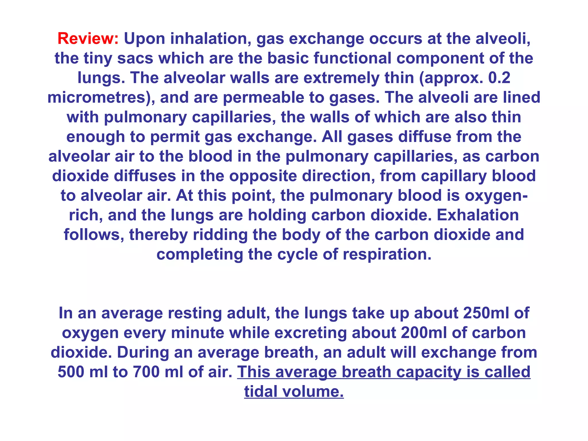Review:  Upon inhalation, gas exchange occurs at the alveoli, the tiny sacs which are the basic functional component of the lungs. The alveolar walls are extremely thin (approx. 0.2 micrometres), and are permeable to gases. The alveoli are lined with pulmonary capillaries, the walls of which are also thin enough to permit gas exchange. All gases diffuse from the alveolar air to the blood in the pulmonary capillaries, as carbon dioxide diffuses in the opposite direction, from capillary blood to alveolar air. At this point, the pulmonary blood is oxygen-rich, and the lungs are holding carbon dioxide. Exhalation follows, thereby ridding the body of the carbon dioxide and completing the cycle of respiration. In an average resting adult, the lungs take up about 250ml of oxygen every minute while excreting about 200ml of carbon dioxide. During an average breath, an adult will exchange from 500 ml to 700 ml of air.  This average breath capacity is called tidal volume. 