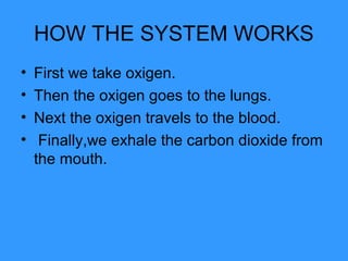 HOW THE SYSTEM WORKS
• First we take oxigen.
• Then the oxigen goes to the lungs.
• Next the oxigen travels to the blood.
• Finally,we exhale the carbon dioxide from
the mouth.
 
