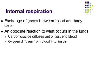 Internal respiration
 Exchange of gases between blood and body
cells
 An opposite reaction to what occurs in the lungs
 Carbon dioxide diffuses out of tissue to blood
 Oxygen diffuses from blood into tissue
 