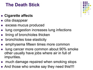 The Death Stick
 Cigarette affects
 cilia disappear
 excess mucus produced
 lung congestion increases lung infections
 lining of bronchioles thicken
 bronchioles lose elasticity
 emphysema fifteen times more common
 lung cancer more common about 90% smoke
other usually have jobs where air in full of
impurities.
 much damage repaired when smoking stops
 And those who smoke say they need this!!!!
 