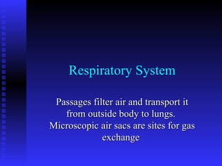 Respiratory System Passages filter air and transport it from outside body to lungs.  Microscopic air sacs are sites for gas exchange   