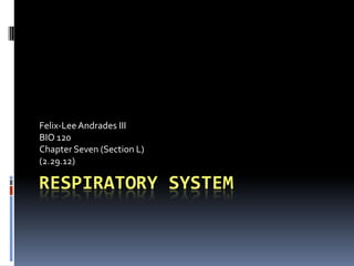 Felix-Lee Andrades III
BIO 120
Chapter Seven (Section L)
(2.29.12)

RESPIRATORY SYSTEM
 