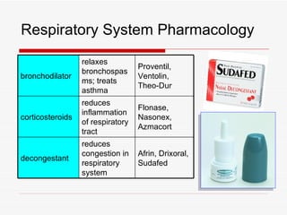 Respiratory System Pharmacology
                  relaxes
                                   Proventil,
                  bronchospas
bronchodilator                     Ventolin,
                  ms; treats
                                   Theo-Dur
                  asthma
                  reduces
                                   Flonase,
                  inflammation
corticosteroids                    Nasonex,
                  of respiratory
                                   Azmacort
                  tract
                  reduces
                  congestion in    Afrin, Drixoral,
decongestant
                  respiratory      Sudafed
                  system
 