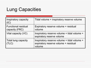 Lung Capacities
Inspiratory capacity   Tidal volume + inspiratory reserve volume
(IC)
Functional residual    Expiratory reserve volume + residual
capacity (FRC)         volume
Vital capacity (VC)    Inspiratory reserve volume + tidal volume +
                       expiratory reserve volume
Total lung capacity    Inspiratory reserve volume + tidal volume +
(TLC)                  expiratory reserve volume + residual
                       volume
 