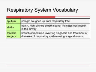 Respiratory System Vocabulary

sputum     phlegm coughed up from respiratory tract
           harsh, high-pitched breath sound; indicates obstruction
stridor
           in the airway
thoracic   branch of medicine involving diagnosis and treatment of
surgery    diseases of respiratory system using surgical means
 
