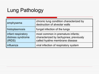 Lung Pathology
                     chronic lung condition characterized by
emphysema
                     destruction of alveolar walls
histoplasmosis       fungal infection of the lungs
infant respiratory   most common in premature infants;
distress syndrome    characterized by tachypnea; previously
(IRDS)               called hyaline membrane disease
influenza            viral infection of respiratory system
 