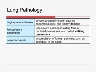 Lung Pathology
                        severe bacterial infection causing
Legionnaire’s disease
                        pneumonia, liver, and kidney damage
                        less severe but longer lasting form of
Mycoplasma
                        bacterial pneumonia; also called walking
pneumonia
                        pneumonia
                        accumulation of foreign particles, such as
pneumoconiosis
                        coal dust, in the lungs
 