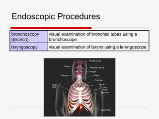 Endoscopic Procedures
bronchoscopy   visual examination of bronchial tubes using a
(Bronch)       bronchoscope
laryngoscopy   visual examination of larynx using a laryngoscope
 