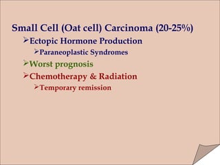 Small Cell (Oat cell) Carcinoma (20-25%)
  Ectopic Hormone Production
    Paraneoplastic Syndromes
  Worst prognosis
  Chemotherapy & Radiation
    Temporary remission
 