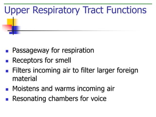 Upper Respiratory Tract Functions 
 Passageway for respiration 
 Receptors for smell 
 Filters incoming air to filter larger foreign 
material 
 Moistens and warms incoming air 
 Resonating chambers for voice 
 