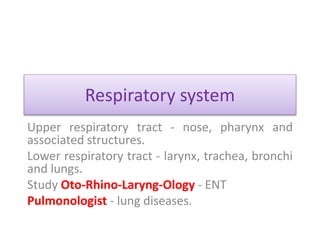 Respiratory system
Upper respiratory tract - nose, pharynx and
associated structures.
Lower respiratory tract - larynx, trachea, bronchi
and lungs.
Study Oto-Rhino-Laryng-Ology - ENT
Pulmonologist - lung diseases.
 