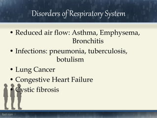 Disorders of Respiratory System
• Reduced air flow: Asthma, Emphysema,
Bronchitis
• Infections: pneumonia, tuberculosis,
botulism
• Lung Cancer
• Congestive Heart Failure
• Cystic fibrosis
 