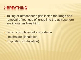 BREATHING--
 Taking of atmospheric gas inside the lungs and
removal of foul gas of lungs into the atmosphere
are known as breathing.
 which complates into two steps-
* Inspiration (Inhalation)
* Expiration (Exhalation)
 