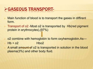 GASEOUS TRANSPORT-
 Main function of blood is to transport the gases in diffirent
form.
 Transport of o2 -Most o2 is transported by Hb(red pigment
protein in erythrocytes),(97%)
 o2 combine with hemoglobin to form oxyhemoglobin.As—
 Hb + o2 Hbo2
 A small amount of o2 is transported in solution in the blood
plasma(3%) and other body fluid.
 