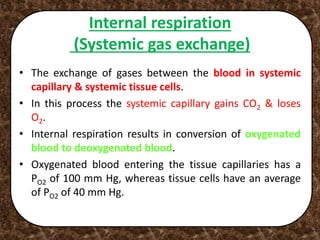 Internal respiration
(Systemic gas exchange)
• The exchange of gases between the blood in systemic
capillary & systemic tissue cells.
• In this process the systemic capillary gains CO2 & loses
O2.
• Internal respiration results in conversion of oxygenated
blood to deoxygenated blood.
• Oxygenated blood entering the tissue capillaries has a
PO2 of 100 mm Hg, whereas tissue cells have an average
of PO2 of 40 mm Hg.
 