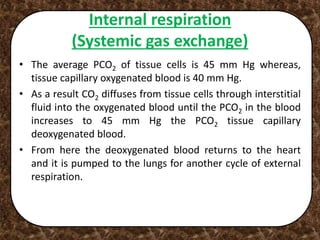 Internal respiration
(Systemic gas exchange)
• The average PCO2 of tissue cells is 45 mm Hg whereas,
tissue capillary oxygenated blood is 40 mm Hg.
• As a result CO2 diffuses from tissue cells through interstitial
fluid into the oxygenated blood until the PCO2 in the blood
increases to 45 mm Hg the PCO2 tissue capillary
deoxygenated blood.
• From here the deoxygenated blood returns to the heart
and it is pumped to the lungs for another cycle of external
respiration.
 