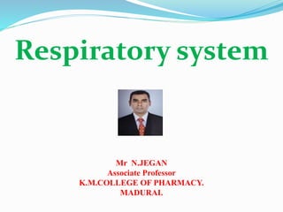 Respiratory system
Mr N.JEGAN
Associate Professor
K.M.COLLEGE OF PHARMACY.
MADURAI.
 