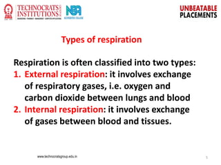 www.technocratsgroup.edu.in 5
Types of respiration
Respiration is often classified into two types:
1. External respiration: it involves exchange
of respiratory gases, i.e. oxygen and
carbon dioxide between lungs and blood
2. Internal respiration: it involves exchange
of gases between blood and tissues.
 