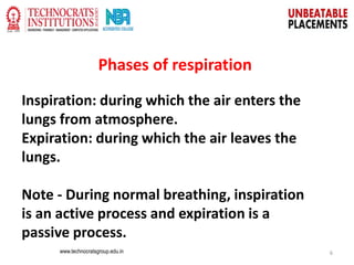 www.technocratsgroup.edu.in 6
Phases of respiration
Inspiration: during which the air enters the
lungs from atmosphere.
Expiration: during which the air leaves the
lungs.
Note - During normal breathing, inspiration
is an active process and expiration is a
passive process.
 