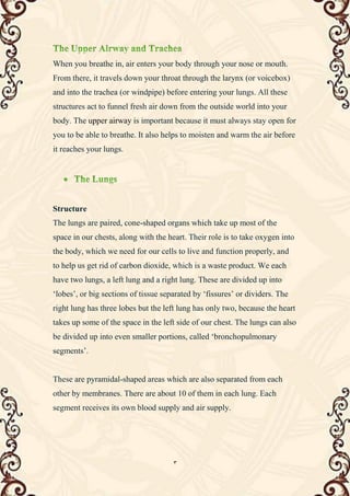 3
When you breathe in, air enters your body through your nose or mouth.
From there, it travels down your throat through the larynx (or voicebox)
and into the trachea (or windpipe) before entering your lungs. All these
structures act to funnel fresh air down from the outside world into your
body. The upper airway is important because it must always stay open for
you to be able to breathe. It also helps to moisten and warm the air before
it reaches your lungs.
Structure
The lungs are paired, cone-shaped organs which take up most of the
space in our chests, along with the heart. Their role is to take oxygen into
the body, which we need for our cells to live and function properly, and
to help us get rid of carbon dioxide, which is a waste product. We each
have two lungs, a left lung and a right lung. These are divided up into
‘lobes’, or big sections of tissue separated by ‘fissures’ or dividers. The
right lung has three lobes but the left lung has only two, because the heart
takes up some of the space in the left side of our chest. The lungs can also
be divided up into even smaller portions, called ‘bronchopulmonary
segments’.
These are pyramidal-shaped areas which are also separated from each
other by membranes. There are about 10 of them in each lung. Each
segment receives its own blood supply and air supply.
 