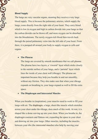 5
Blood Supply
The lungs are very vascular organs, meaning they receive a very large
blood supply. This is because the pulmonary arteries, which supply the
lungs, come directly from the right side of your heart. They carry blood
which is low in oxygen and high in carbon dioxide into your lungs so that
the carbon dioxide can be blown off, and more oxygen can be absorbed
into the bloodstream. The newly oxygen-rich blood then travels back
through the paired pulmonary veins into the left side of your heart. From
there, it is pumped all around your body to supply oxygen to cells and
organs.
 The Pleurae
The lungs are covered by smooth membranes that we call pleurae.
The pleurae have two layers, a ‘visceral’ layer which sticks closely
to the outside surface of your lungs, and a ‘parietal’ layer which
lines the inside of your chest wall (ribcage). The pleurae are
important because they help you breathe in and out smoothly,
without any friction. They also make sure that when your ribcage
expands on breathing in, your lungs expand as well to fill the extra
space.
 The Diaphragm and Intercostal Muscles
When you breathe in (inspiration), your muscles need to work to fill your
lungs with air. The diaphragm, a large, sheet-like muscle which stretches
across your chest under the ribcage, does much of this work. At rest, it is
shaped like a dome curving up into your chest. When you breathe in, the
diaphragm contracts and flattens out, expanding the space in your chest
and drawing air into your lungs. Other muscles, including the muscles
between your ribs (the intercostal muscles) also help by moving your
 