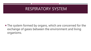 RESPIRATORY SYSTEM
 The system formed by organs, which are concerned for the
exchange of gases between the environment and living
organisms.
 