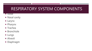 RESPIRATORY SYSTEM COMPONENTS
 Nose
 Nasal cavity
 Larynx
 Pharynx
 Trachea
 Bronchiole
 Lungs
 Alveoli
 Diaphragm
 