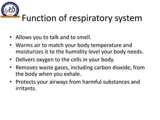 Function of respiratory system
• Allows you to talk and to smell.
• Warms air to match your body temperature and
moisturizes it to the humidity level your body needs.
• Delivers oxygen to the cells in your body.
• Removes waste gases, including carbon dioxide, from
the body when you exhale.
• Protects your airways from harmful substances and
irritants.
 