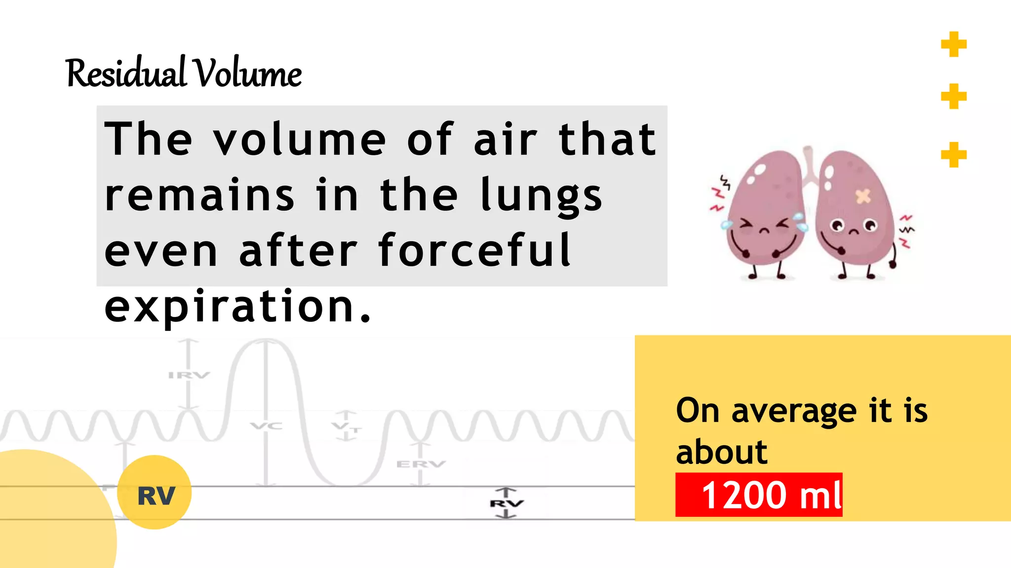 Residual Volume
The volume of air that
remains in the lungs
even after forceful
expiration.
On average it is
about
1200 ml
RV
 