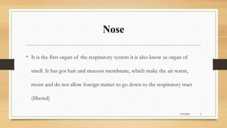 Nose
• It is the first organ of the respiratory system it is also know as organ of
smell. It has got hair and mucous membrane, which make the air warm,
moist and do not allow foreign matter to go down to the respiratory tract
(filtered)
3/25/2024 5
 