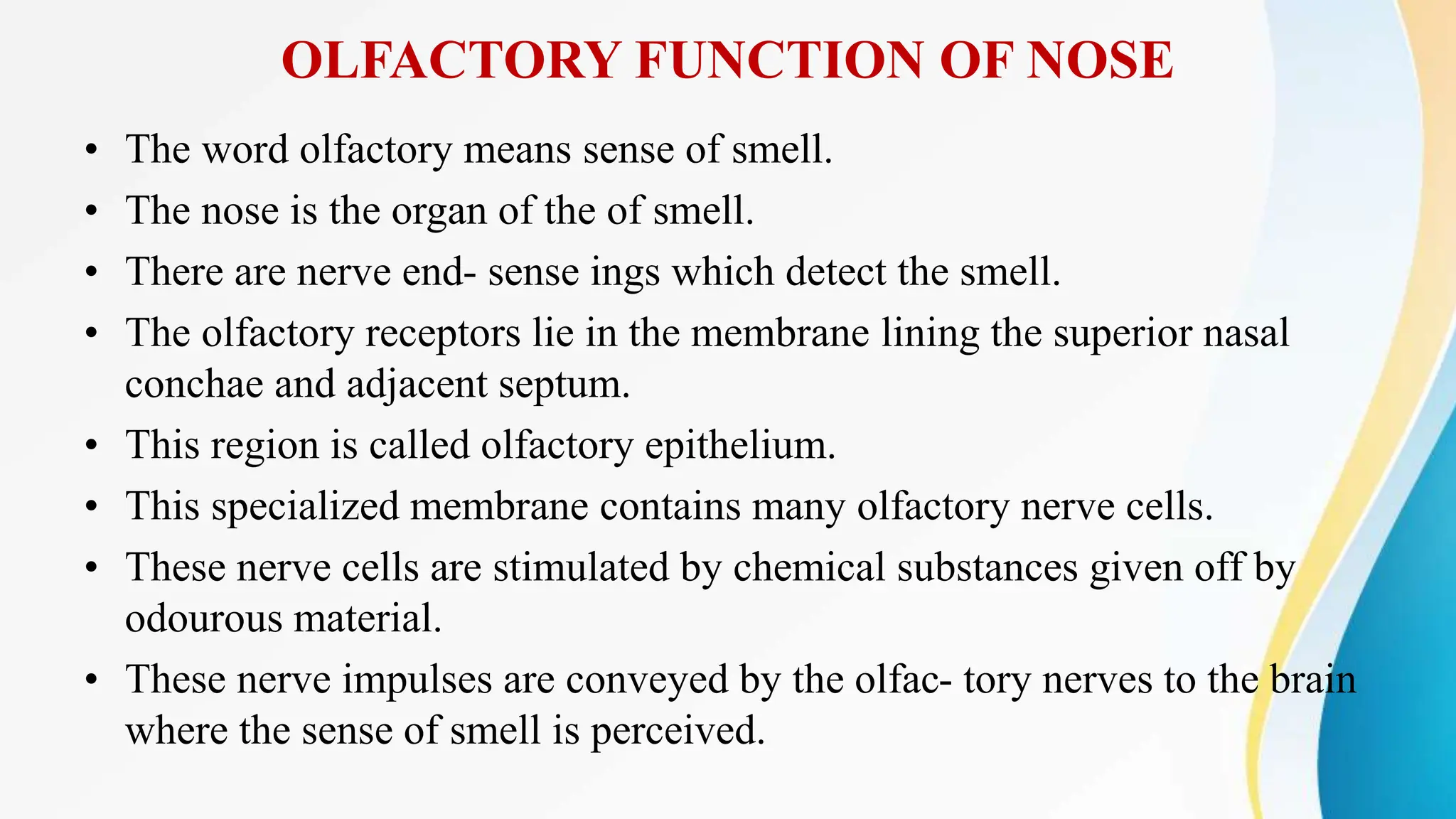 OLFACTORY FUNCTION OF NOSE
• The word olfactory means sense of smell.
• The nose is the organ of the of smell.
• There are nerve end- sense ings which detect the smell.
• The olfactory receptors lie in the membrane lining the superior nasal
conchae and adjacent septum.
• This region is called olfactory epithelium.
• This specialized membrane contains many olfactory nerve cells.
• These nerve cells are stimulated by chemical substances given off by
odourous material.
• These nerve impulses are conveyed by the olfac- tory nerves to the brain
where the sense of smell is perceived.
 