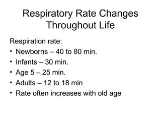Respiratory Rate Changes
Throughout Life
Respiration rate:
• Newborns – 40 to 80 min.
• Infants – 30 min.
• Age 5 – 25 min.
• Adults – 12 to 18 min
• Rate often increases with old age
 
