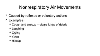 Nonrespiratory Air Movements
• Caused by reflexes or voluntary actions
• Examples
– Cough and sneeze – clears lungs of debris
– Laughing
– Crying
– Yawn
– Hiccup
 