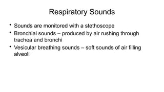 Respiratory Sounds
• Sounds are monitored with a stethoscope
• Bronchial sounds – produced by air rushing through
trachea and bronchi
• Vesicular breathing sounds – soft sounds of air filling
alveoli
 