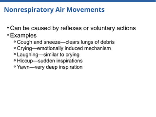 Nonrespiratory Air Movements
• Can be caused by reflexes or voluntary actions
• Examples
⚬Cough and sneeze—clears lungs of debris
⚬Crying—emotionally induced mechanism
⚬Laughing—similar to crying
⚬Hiccup—sudden inspirations
⚬Yawn—very deep inspiration
 