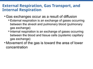 External Respiration, Gas Transport, and
Internal Respiration
• Gas exchanges occur as a result of diffusion
⚬External respiration is an exchange of gases occurring
between the alveoli and pulmonary blood (pulmonary
gas exchange)
⚬Internal respiration is an exchange of gases occurring
between the blood and tissue cells (systemic capillary
gas exchange)
• Movement of the gas is toward the area of lower
concentration
 